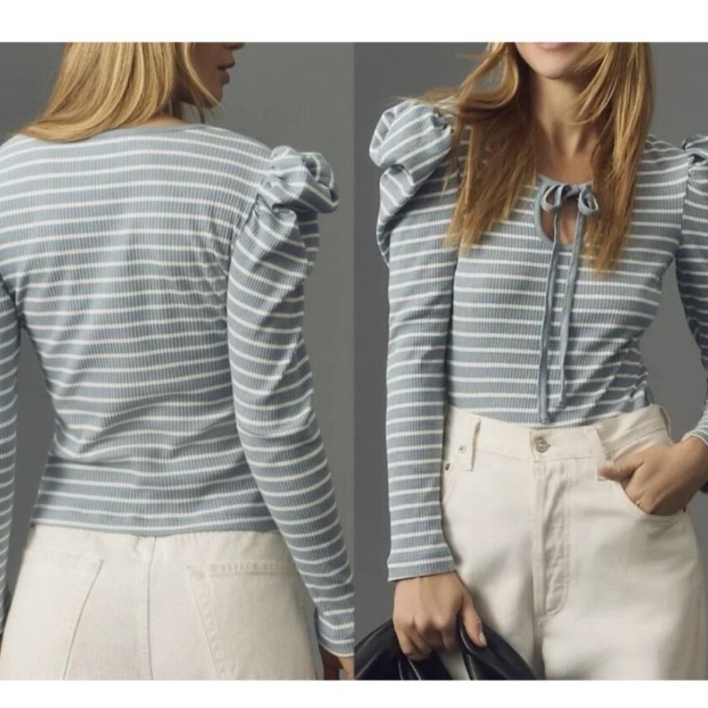 Anthropologie Porridge Clothing Striped Puff Sleeve Top Size XS